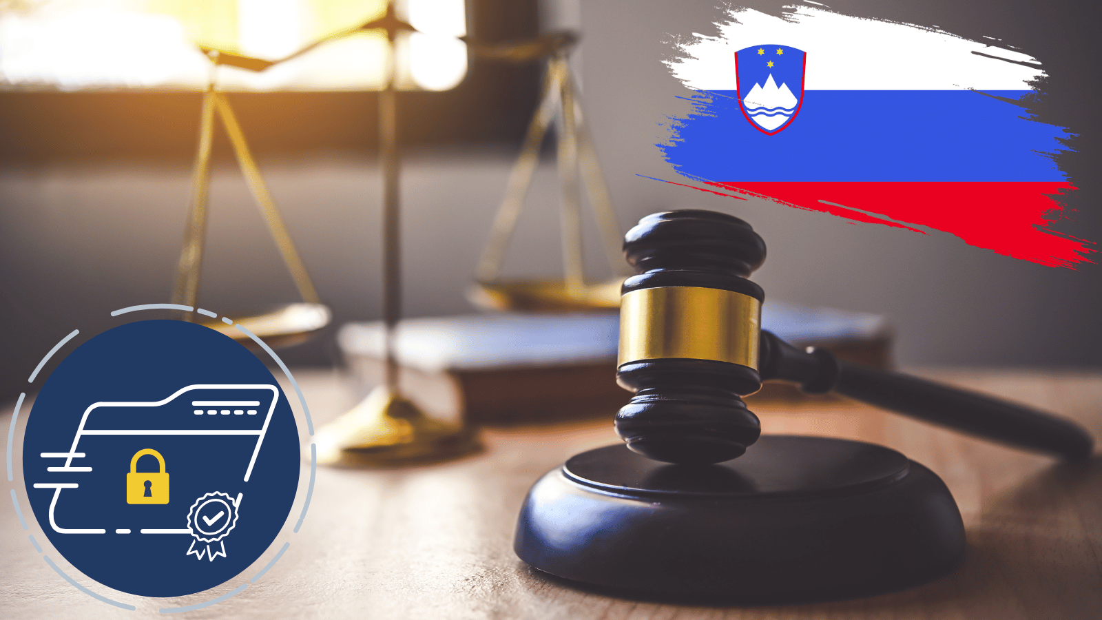 Image of a gavel and justice scale with eDelivery logo and Slovenian flag