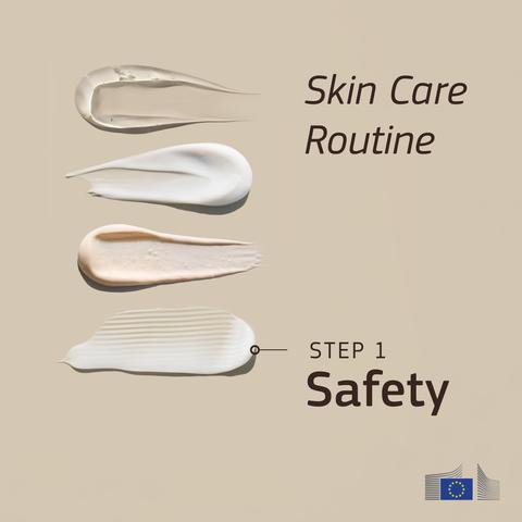 The image shows four different skincare product textures arranged vertically on a beige background. To the top right, there is text that reads "Skin Care Routine" and below "Step 1: Safety." The bottom right corner has the European Commission flag. The textures represent different products or layers in a skincare routine.