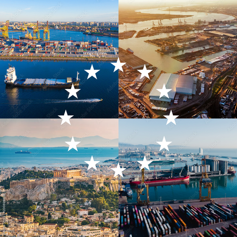 A four-quadrant collage showcasing European maritime and port infrastructure,
overlaid with a circular pattern of white stars.
Top-Left: A vibrant container terminal with yellow gantry cranes and a departing cargo
ship.
Top-Right: An aerial view of an industrial port district.
Bottom-Left: The historic city of Athens overlooking a shipping-filled coastline.
Bottom-Right: A high-angle shot of a bulk carrier docked at a busy loading pier.