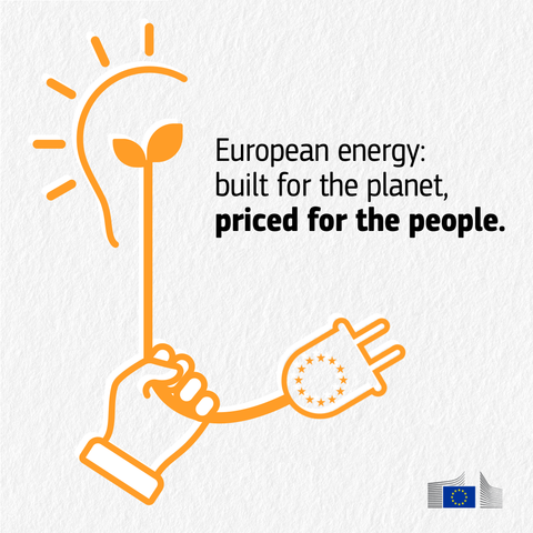 An orange line-art illustration on a textured white background. The illustration depicts a hand holding a power cable that morphs into a lightbulb outline. Inside the lightbulb, a small plant with two leaves grows from the wire. The plug of the cable features the European Union’s circle of stars.
To the right, the text reads: "European energy: built for the planet, priced for the people." The logo of the European Commission is visible in the bottom right corner.