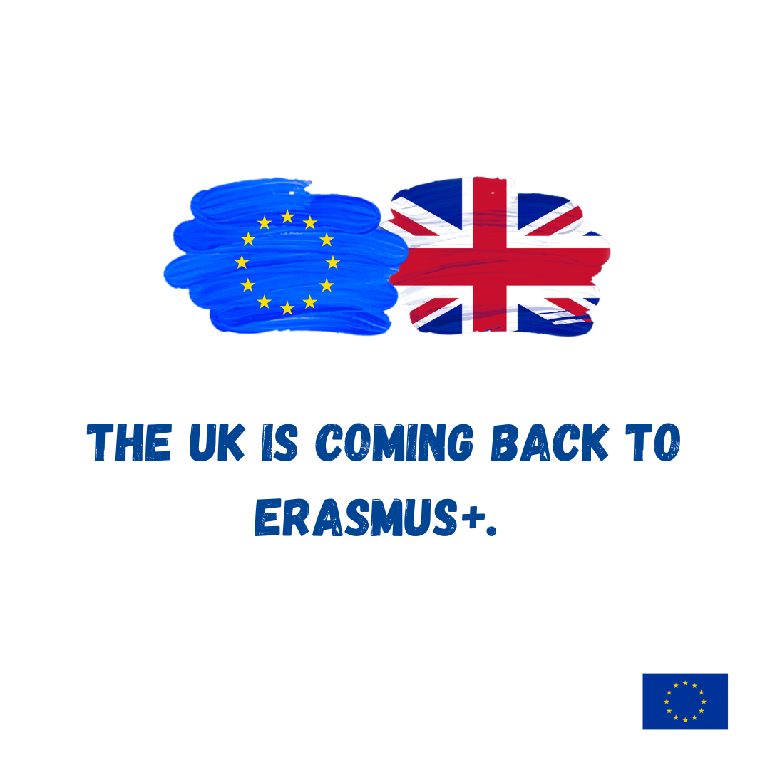 A square graphic on a white background. At the top, there are two distinct, rough, painted-style brushstroke patches side-by-side: one in the blue and yellow of the European Union flag and one in the red, white, and blue of the United Kingdom's Union Jack.

Below the flags, bold, dark blue text reads: "THE UK IS COMING BACK TO ERASMUS+."

In the bottom right corner, there is a small, rectangular official European Union flag.