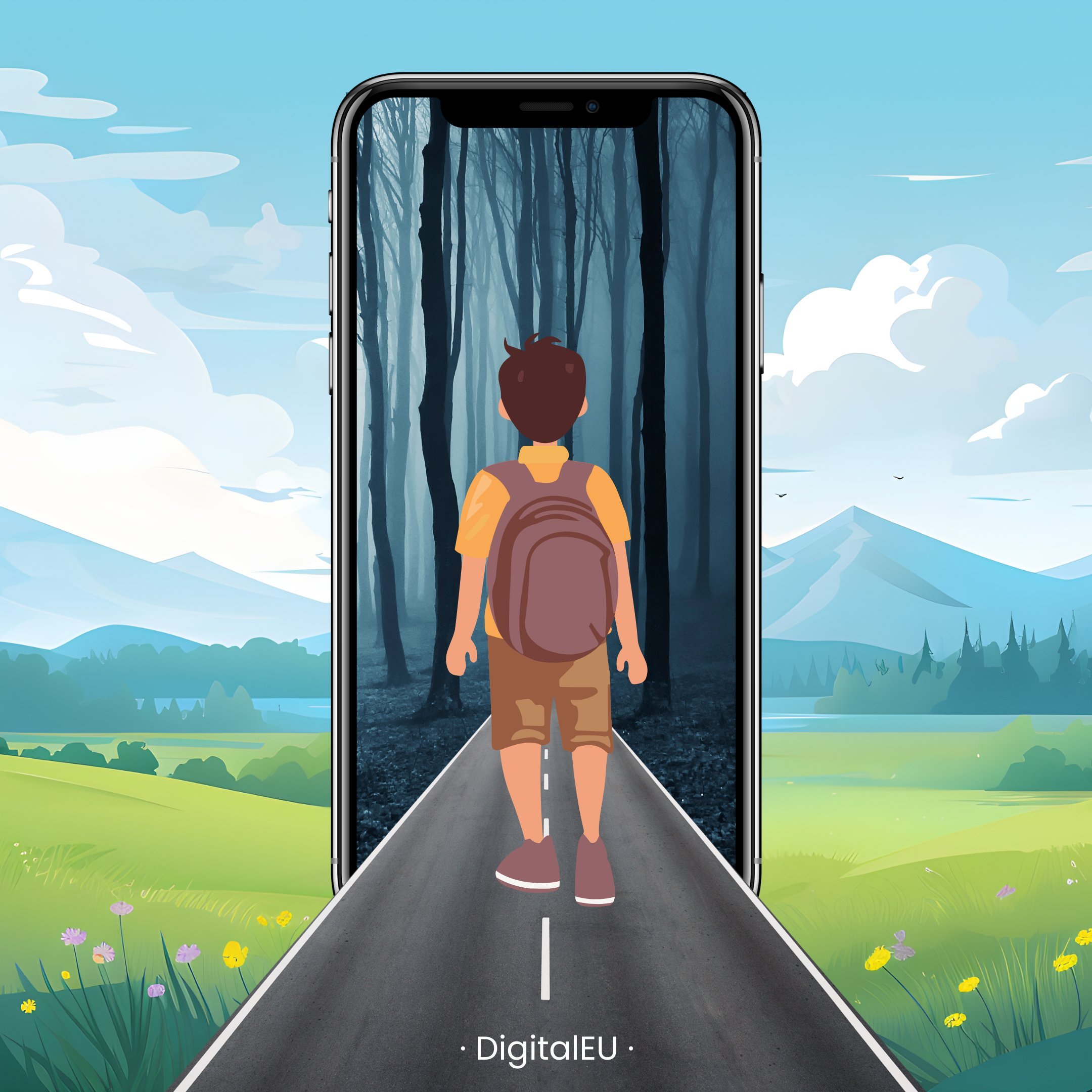 A young boy with a backpack walks down a road that leads into a smartphone screen. Outside the phone the landscape is bright and green with blue skies and mountains, while inside the screen it turns into a dark, foggy forest.