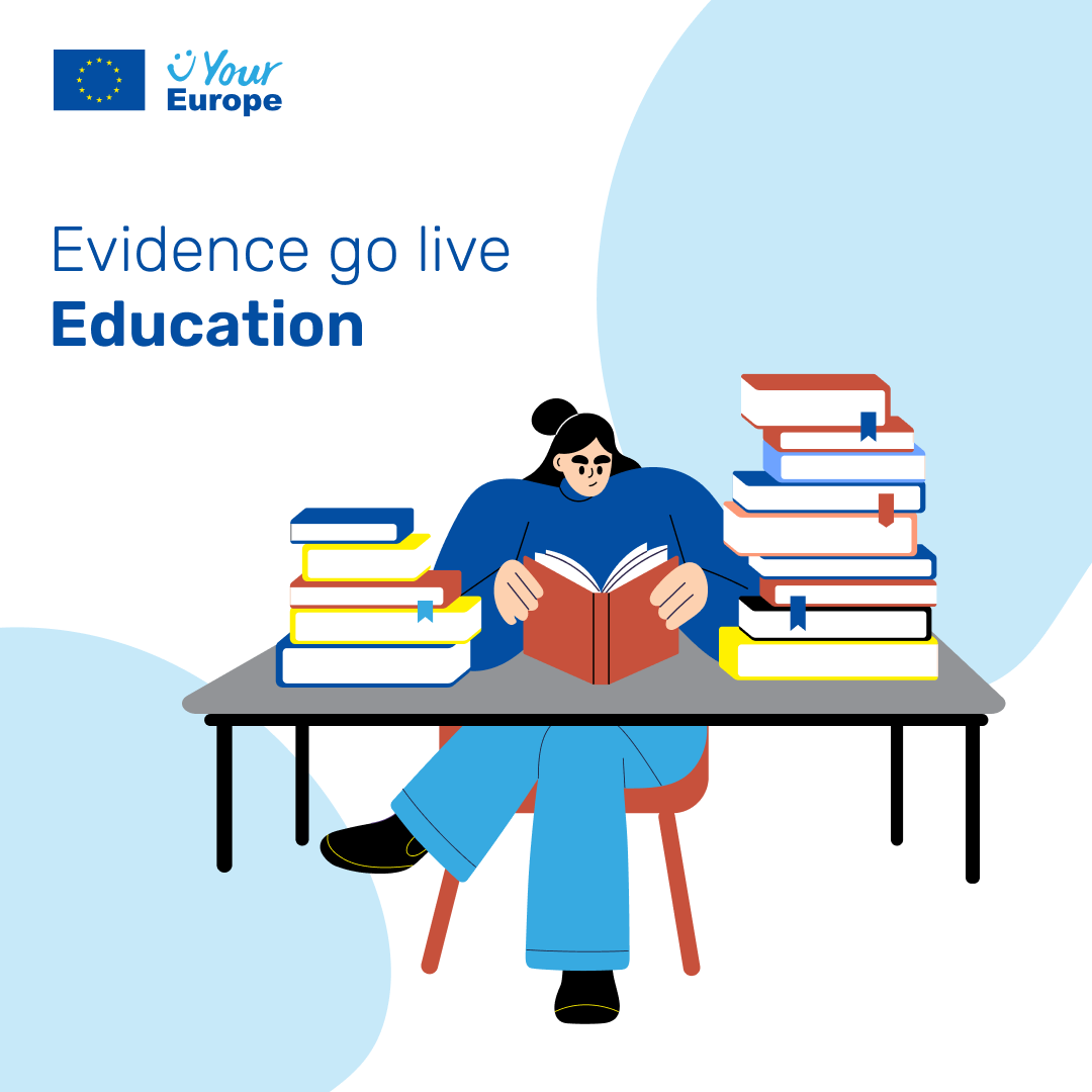 Cartoon of a girl reading, surrounded by books with the text: Evidence go live - education